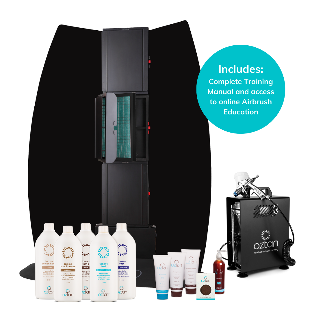 Oztan Airbrush Spray Tanning Professional Package | Oztan Natural Flawless Spray Tanning Solutions With Overspray Extraction Booth